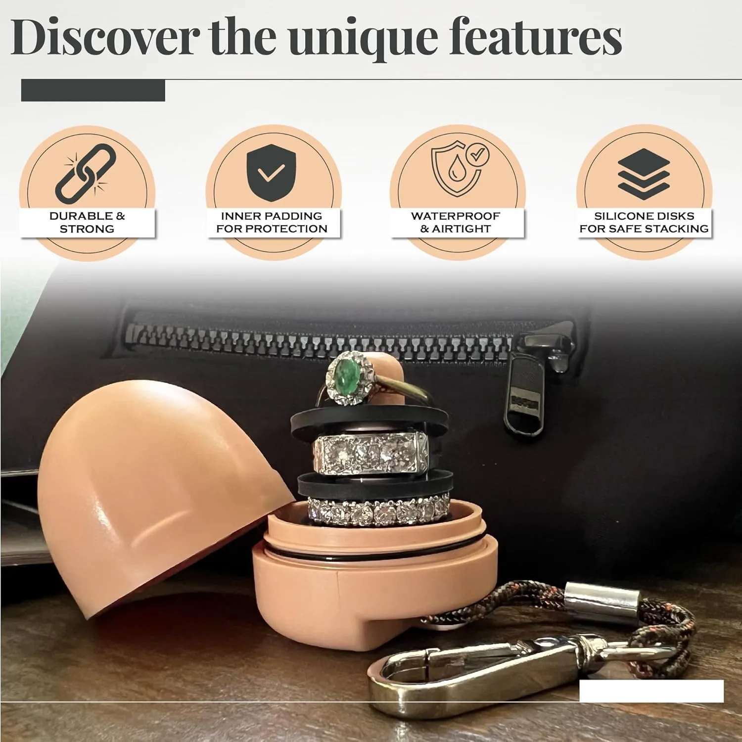 RING THING - Ring Holder Keychain, Jewelry Organizer and Storage, Portable Waterproof Ring Holder, Pill Box Keychain Container, Gym Accessory, and Travel Ring Case (Peach)