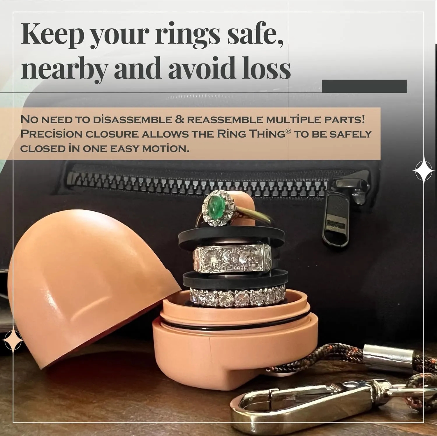 RING THING - Ring Holder Keychain, Jewelry Organizer and Storage, Portable Waterproof Ring Holder, Pill Box Keychain Container, Gym Accessory, and Travel Ring Case (Peach)