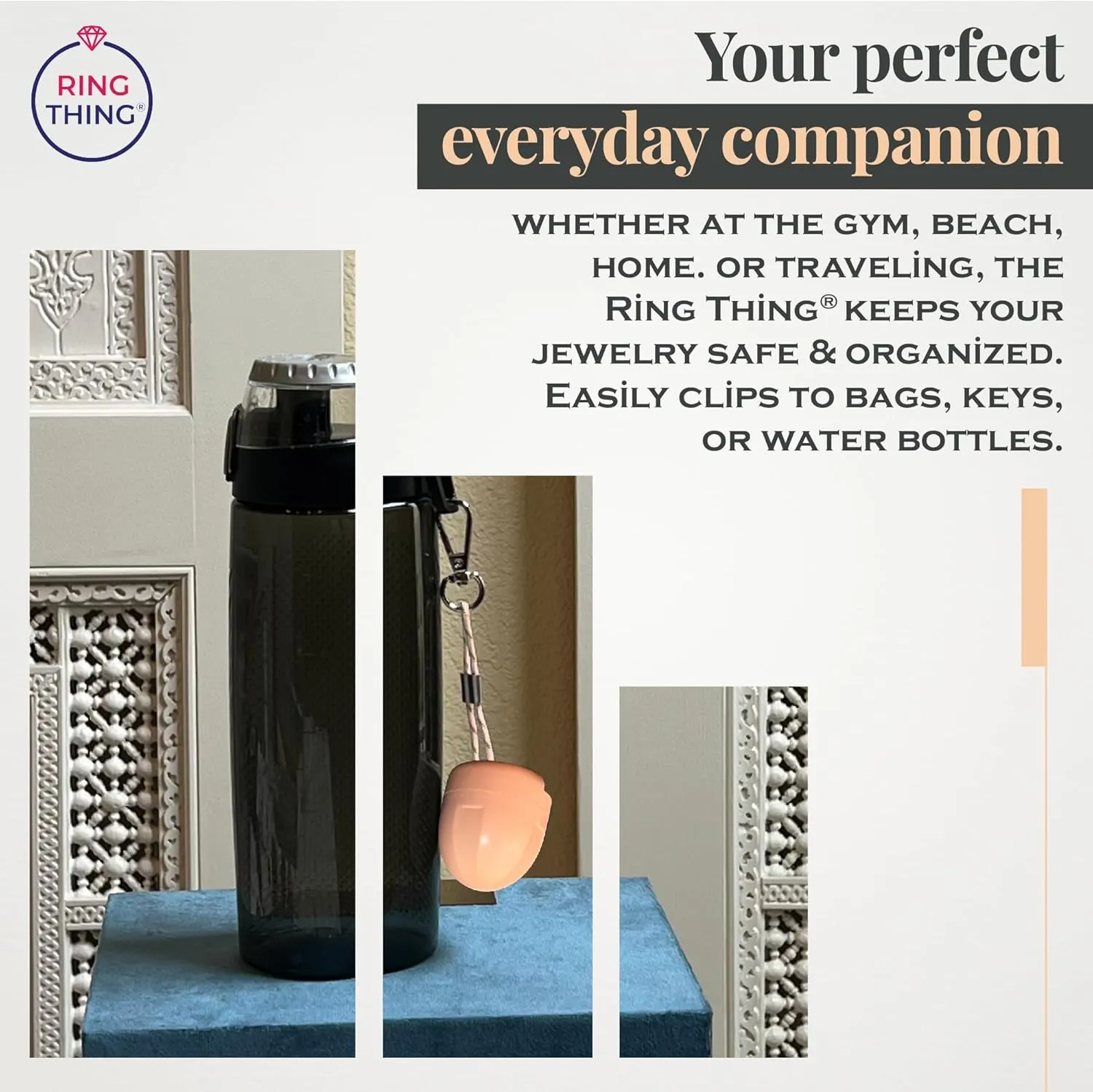 RING THING - Ring Holder Keychain, Jewelry Organizer and Storage, Portable Waterproof Ring Holder, Pill Box Keychain Container, Gym Accessory, and Travel Ring Case (Peach)