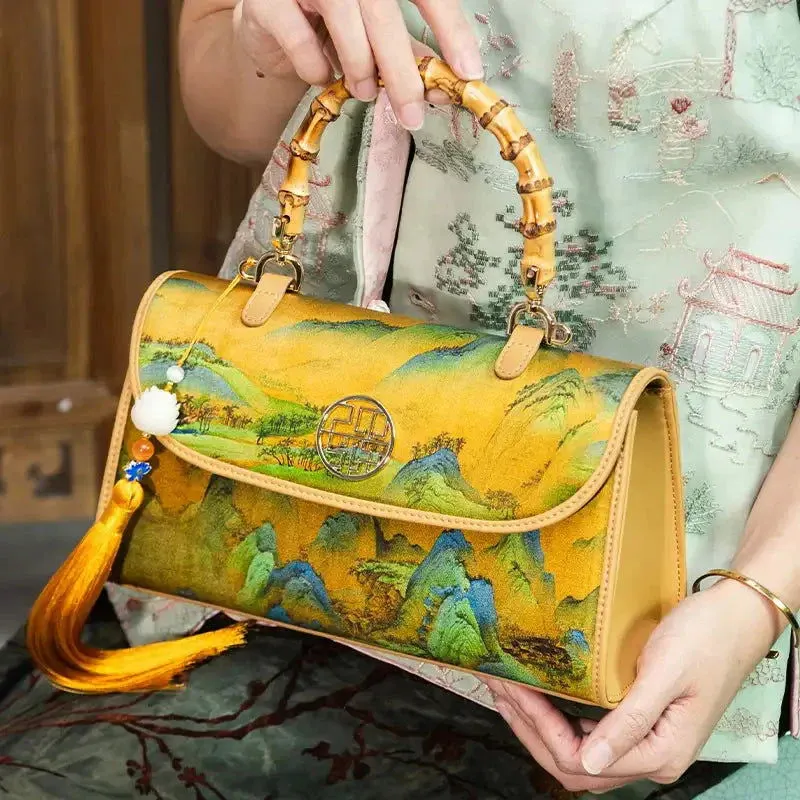 Rivers and Mountains Embroidered on Silk Handbag