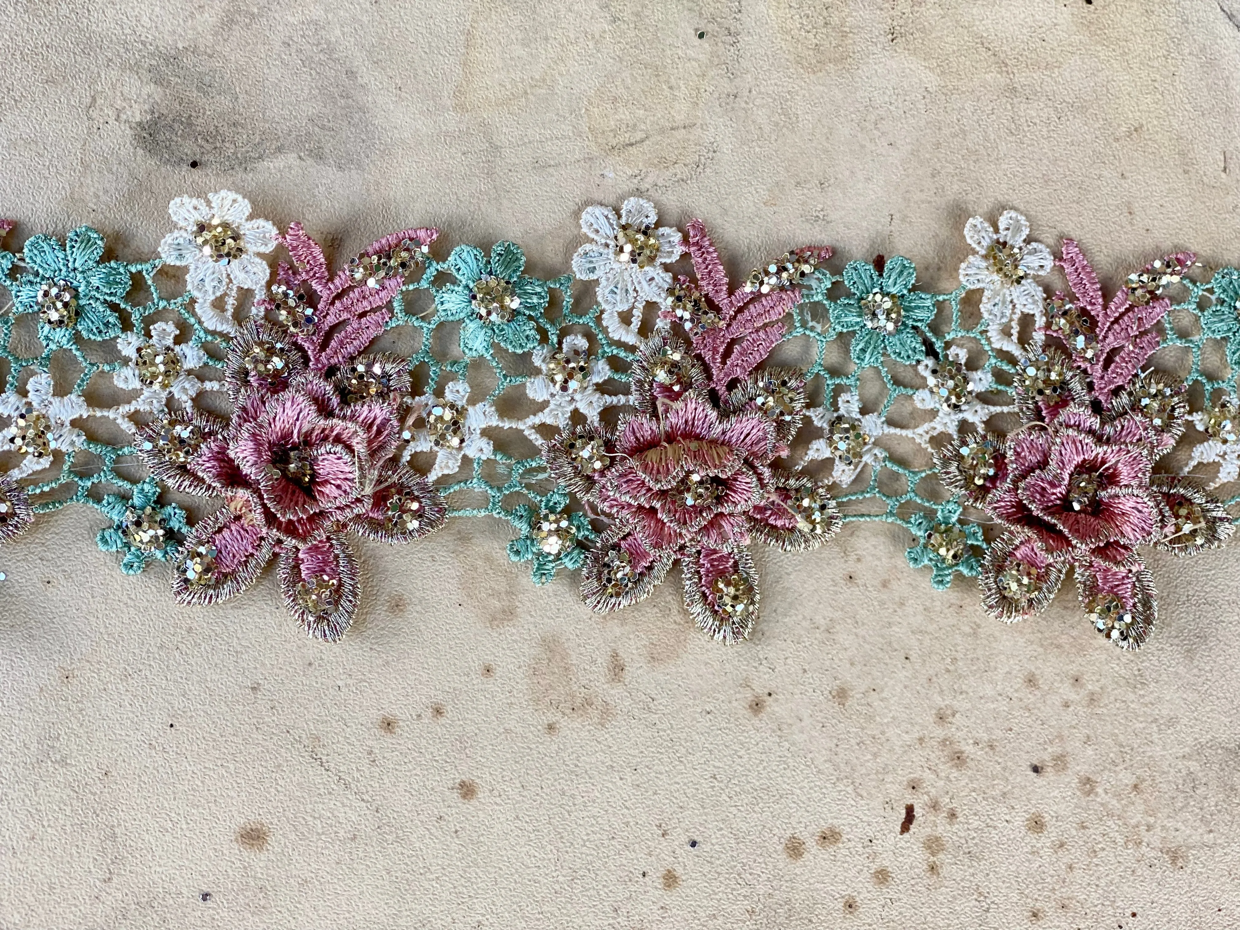Rose and Daisy lace. Dusty Pink, Aqua and Gold Thread