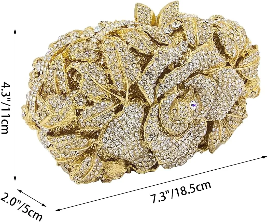 Rose Flower Crystal Purses Sparkly Rhinestone Evening Clutch for Women Wedding Party Cocktail Handbags