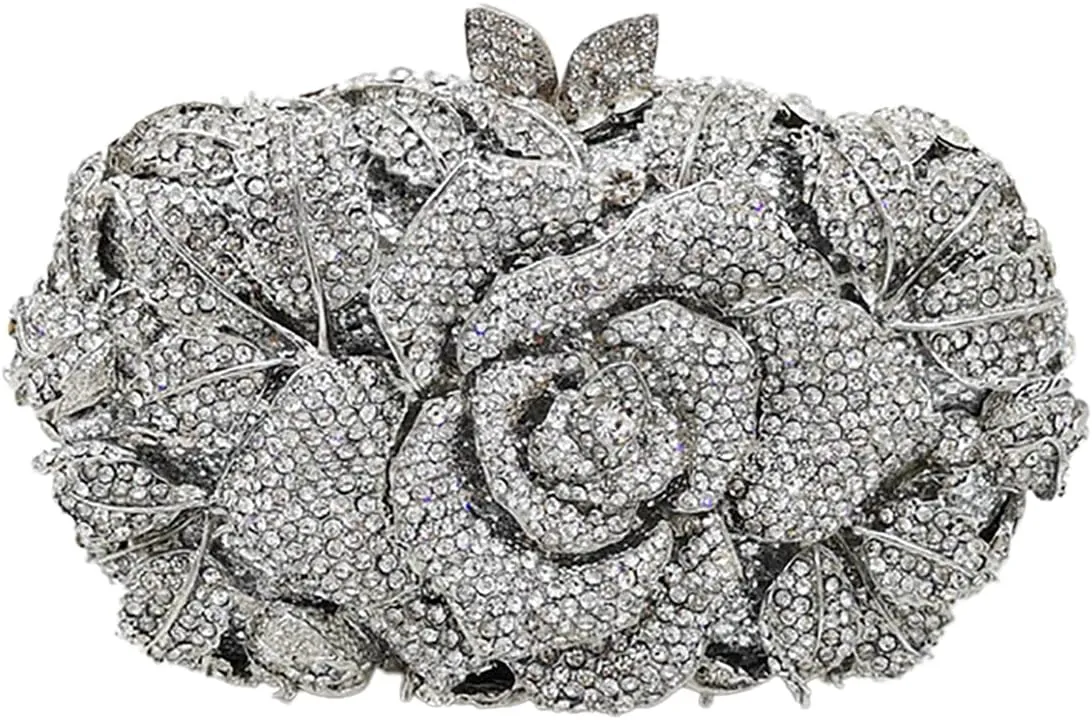 Rose Flower Crystal Purses Sparkly Rhinestone Evening Clutch for Women Wedding Party Cocktail Handbags