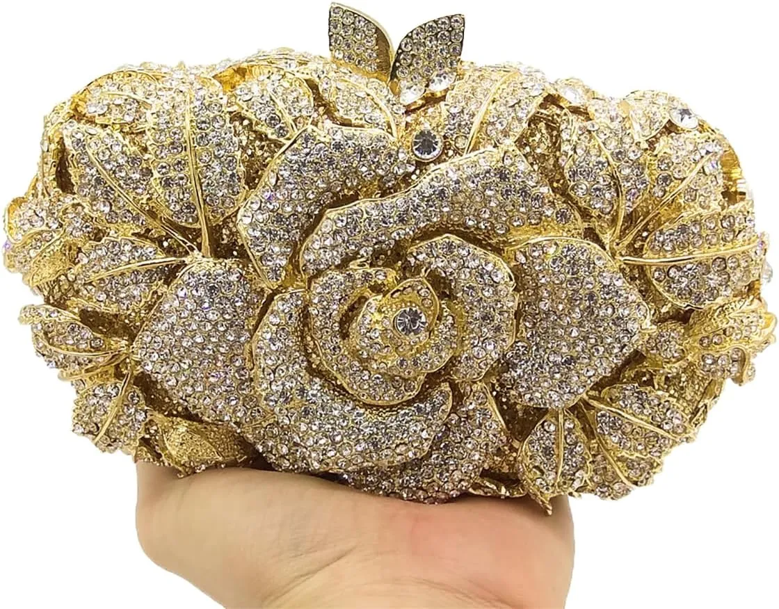Rose Flower Crystal Purses Sparkly Rhinestone Evening Clutch for Women Wedding Party Cocktail Handbags