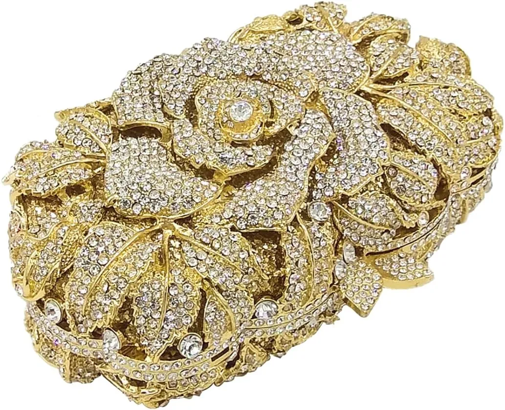 Rose Flower Crystal Purses Sparkly Rhinestone Evening Clutch for Women Wedding Party Cocktail Handbags