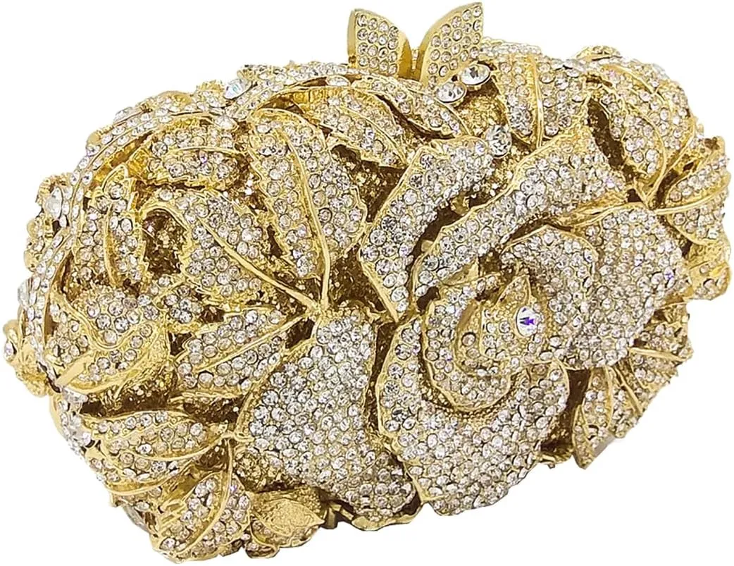 Rose Flower Crystal Purses Sparkly Rhinestone Evening Clutch for Women Wedding Party Cocktail Handbags