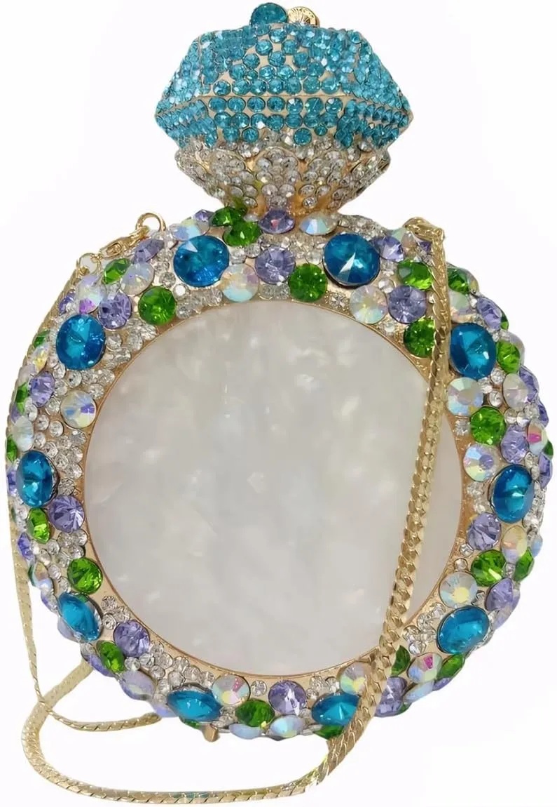 Round Crystal Perfume Bottle for Women Bling Rhinestone Disco Shoulder Bag Chic Wedding Guest Evening Bag
