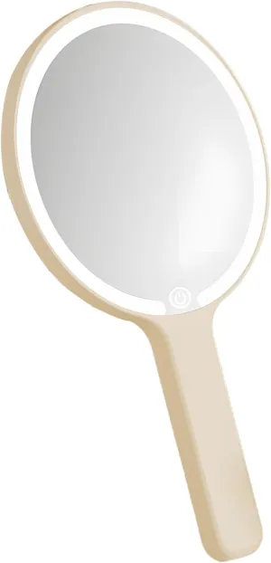 Round Pearl White Led Makeup Mirror, Portable Handheld Mirror with 3 Light Modes, Rechargeable with Type-C, Smart Touch Control