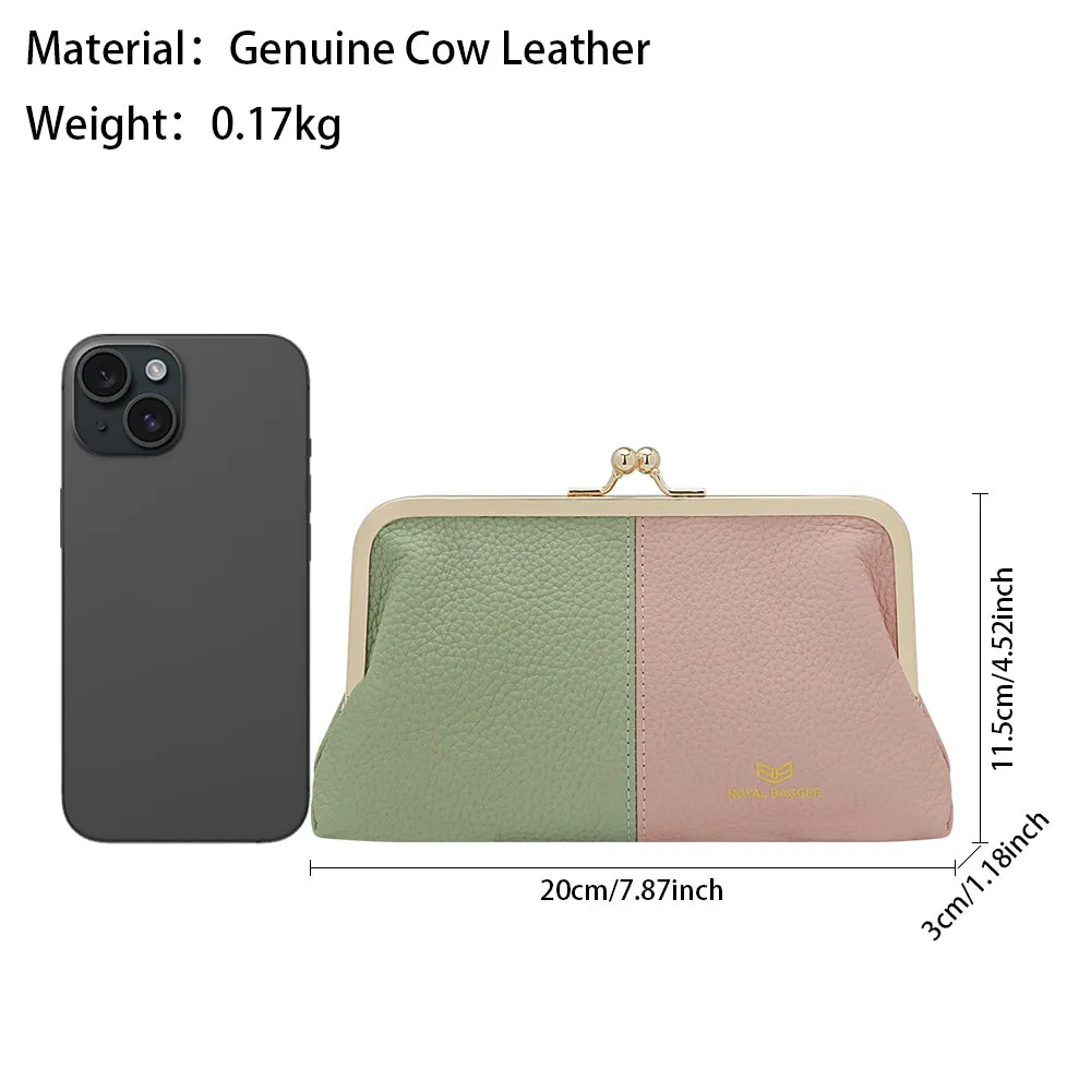 Royal Bagger Contrast Clutch Purses for Women, Genuine Leather Evening Bag with Kiss Lock, Multi Layer Mobile Phone Wallet 1946