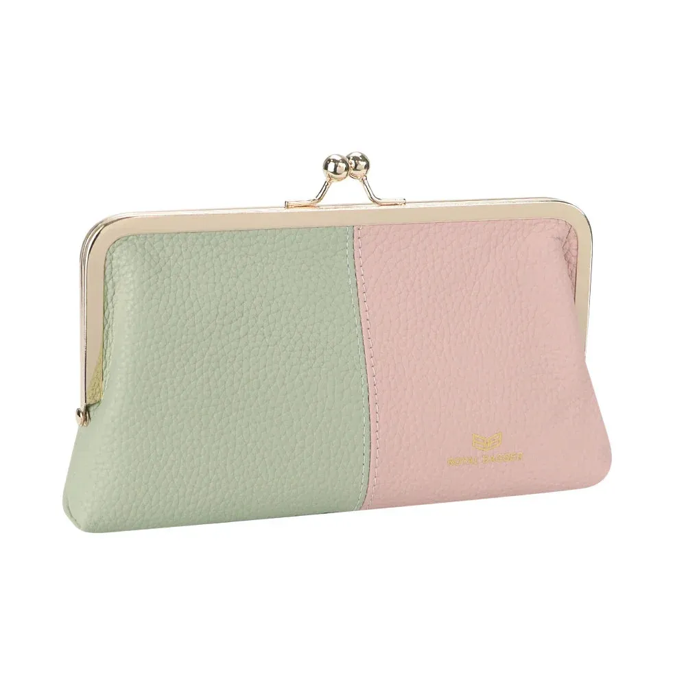 Royal Bagger Contrast Clutch Purses for Women, Genuine Leather Evening Bag with Kiss Lock, Multi Layer Mobile Phone Wallet 1946