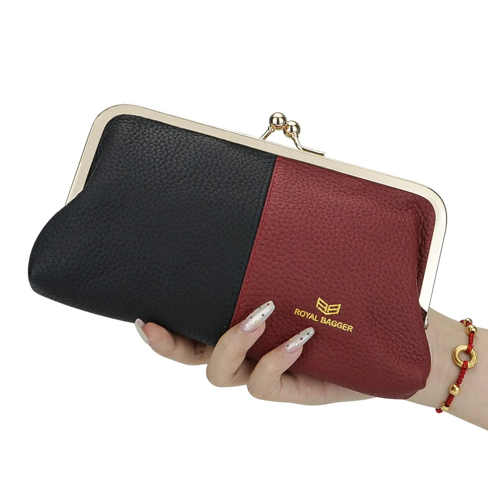 Royal Bagger Contrast Clutch Purses for Women, Genuine Leather Evening Bag with Kiss Lock, Multi Layer Mobile Phone Wallet 1946