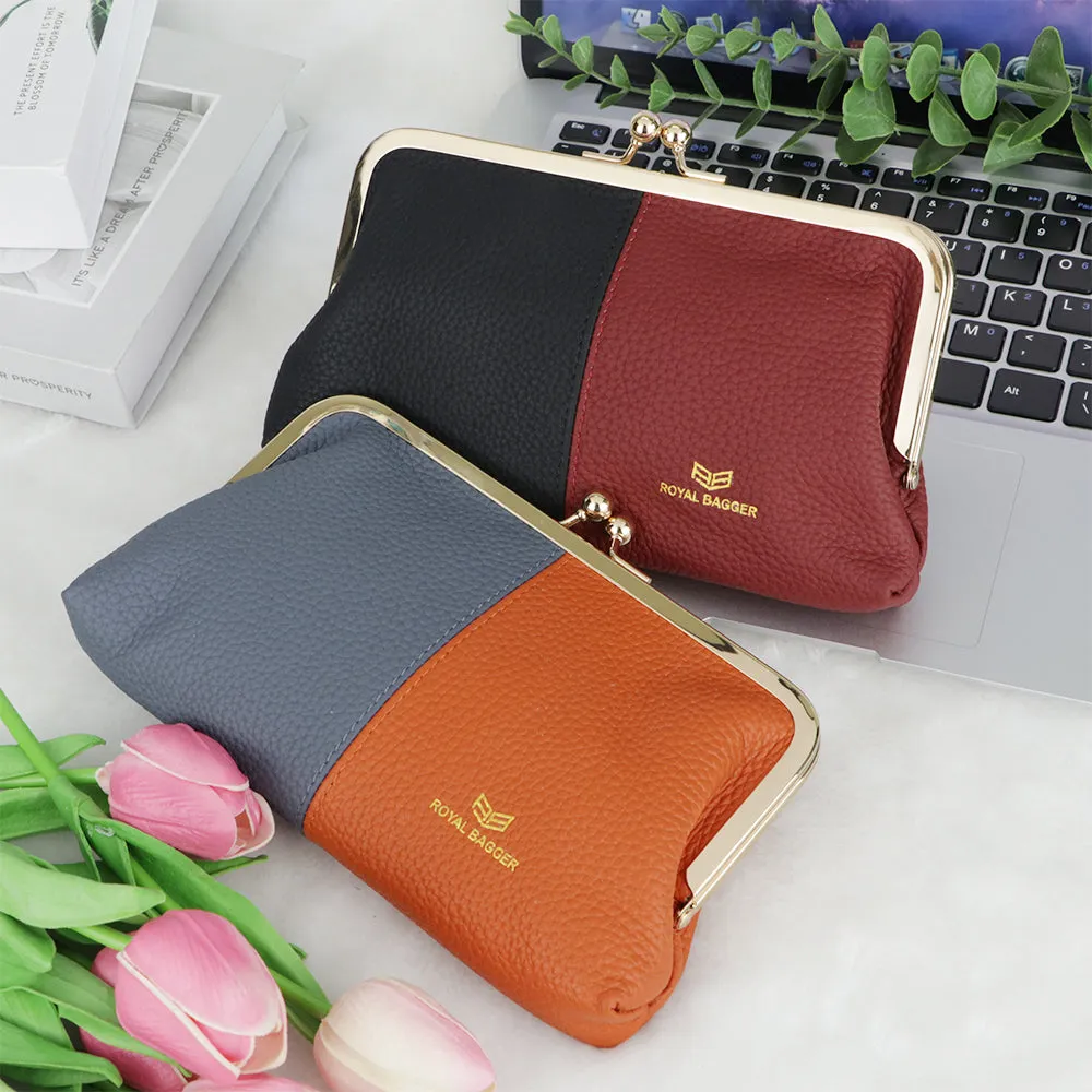 Royal Bagger Contrast Clutch Purses for Women, Genuine Leather Evening Bag with Kiss Lock, Multi Layer Mobile Phone Wallet 1946