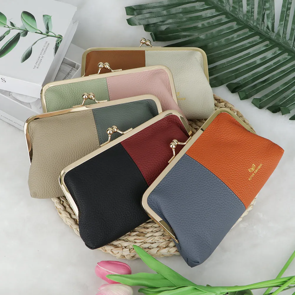 Royal Bagger Contrast Clutch Purses for Women, Genuine Leather Evening Bag with Kiss Lock, Multi Layer Mobile Phone Wallet 1946