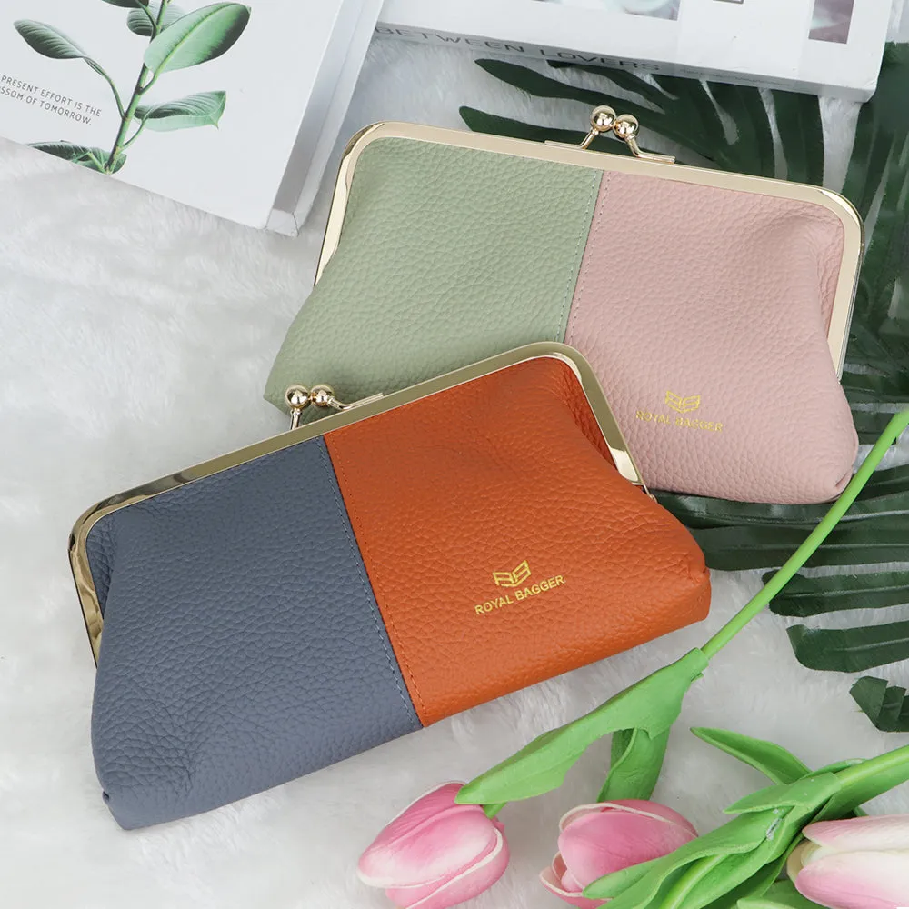 Royal Bagger Contrast Clutch Purses for Women, Genuine Leather Evening Bag with Kiss Lock, Multi Layer Mobile Phone Wallet 1946