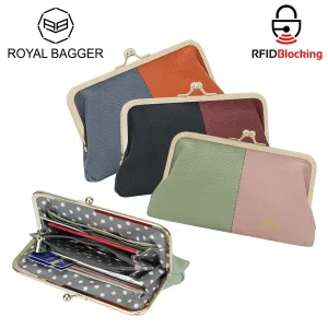 Royal Bagger Contrast Clutch Purses for Women, Genuine Leather Evening Bag with Kiss Lock, Multi Layer Mobile Phone Wallet 1946