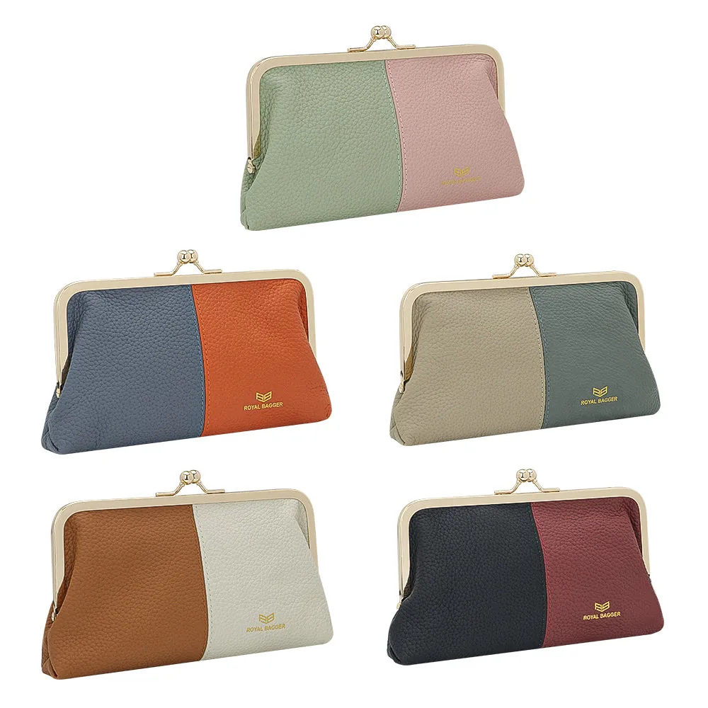 Royal Bagger Contrast Clutch Purses for Women, Genuine Leather Evening Bag with Kiss Lock, Multi Layer Mobile Phone Wallet 1946
