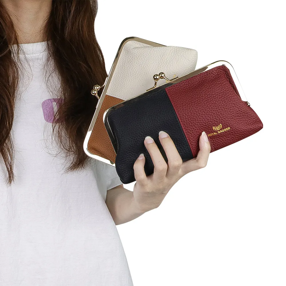 Royal Bagger Contrast Clutch Purses for Women, Genuine Leather Evening Bag with Kiss Lock, Multi Layer Mobile Phone Wallet 1946