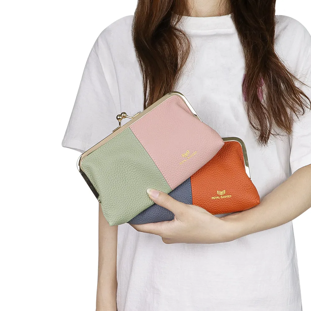 Royal Bagger Contrast Clutch Purses for Women, Genuine Leather Evening Bag with Kiss Lock, Multi Layer Mobile Phone Wallet 1946