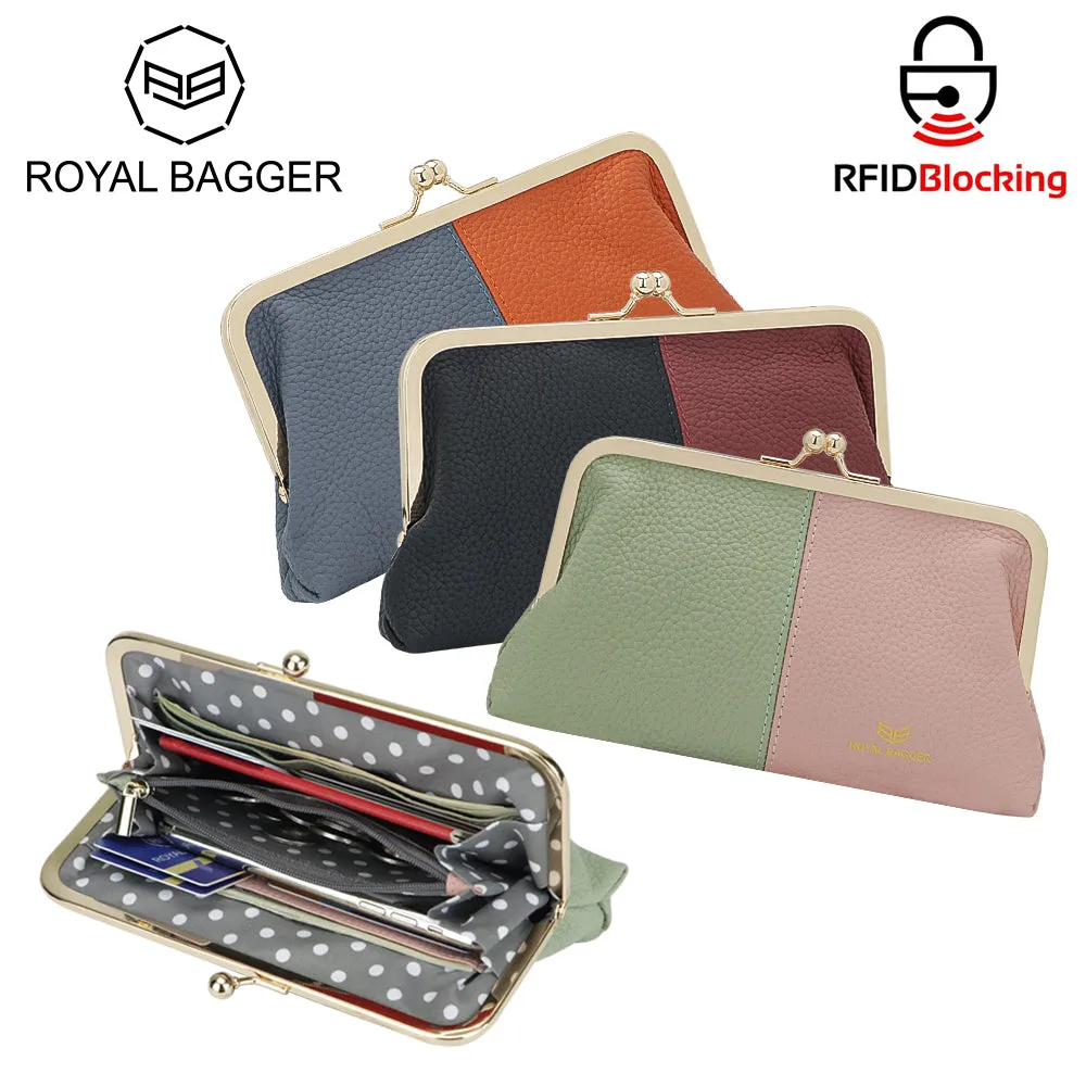 Royal Bagger Contrast Clutch Purses for Women, Genuine Leather Evening Bag with Kiss Lock, Multi Layer Mobile Phone Wallet 1946