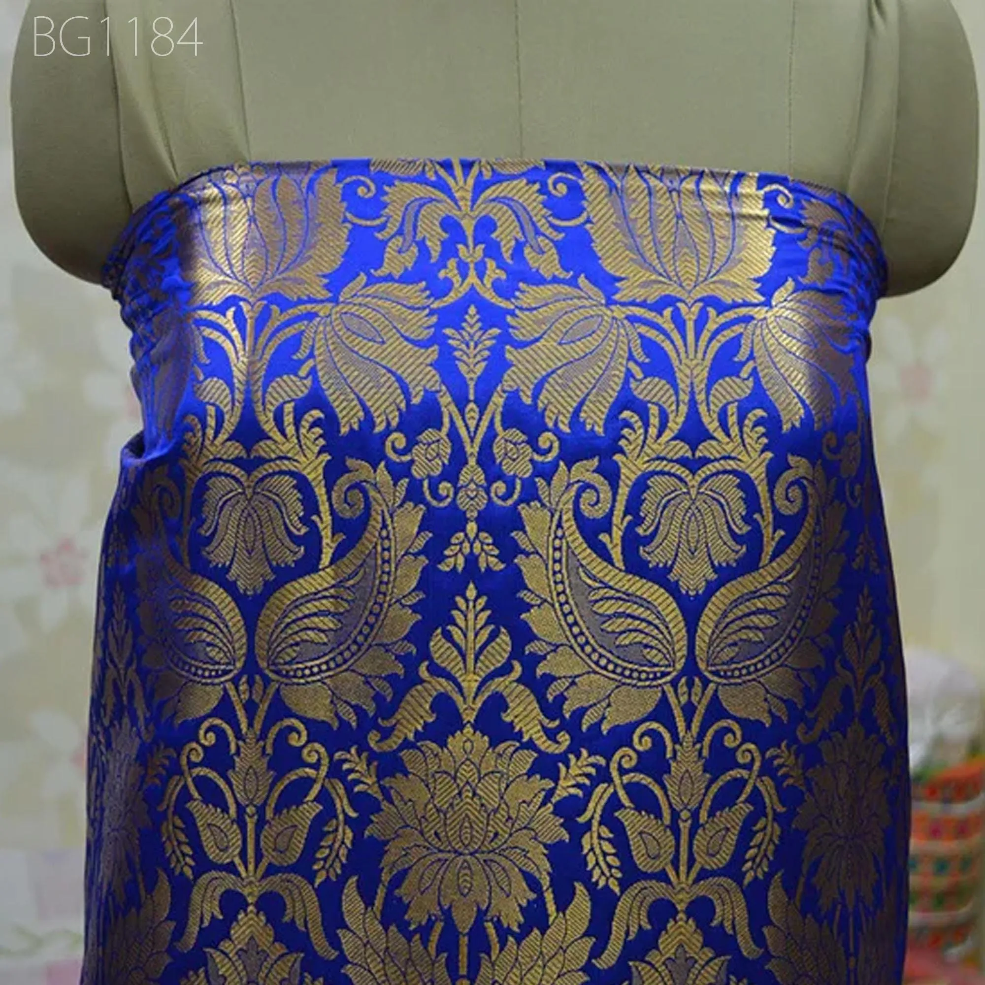 Royal Blue Brocade Banarasi Fabric by the Yard Banarasi for Wedding Dress lehenga Skirt Costume Crafting Home Decor Table Runner