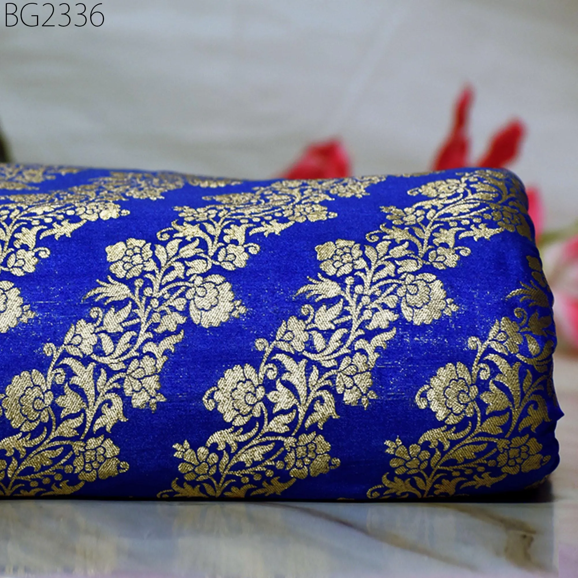 Royal Blue Brocade Fabric by the Yard Wedding Dress Jackets Indian Blended Banarasi Dress Material Sewing Cushion Cover Home Décor Crafting