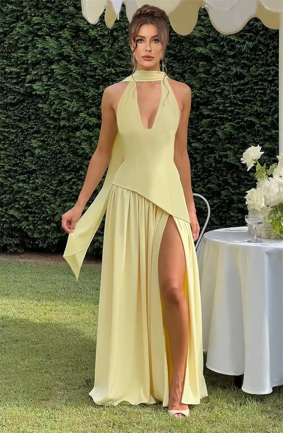 RSOETOO Scarf Bridesmaid Dresses for Women 2025 Satin Long V Neck Drop Waist Maxi Prom Dress RO308