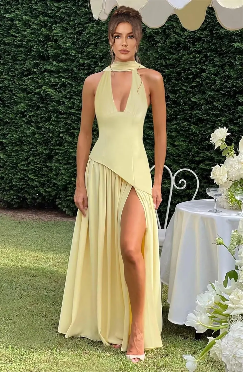 RSOETOO Scarf Bridesmaid Dresses for Women 2025 Satin Long V Neck Drop Waist Maxi Prom Dress RO308