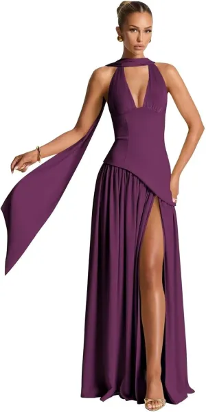 RSOETOO Scarf Bridesmaid Dresses for Women 2025 Satin Long V Neck Drop Waist Maxi Prom Dress RO308