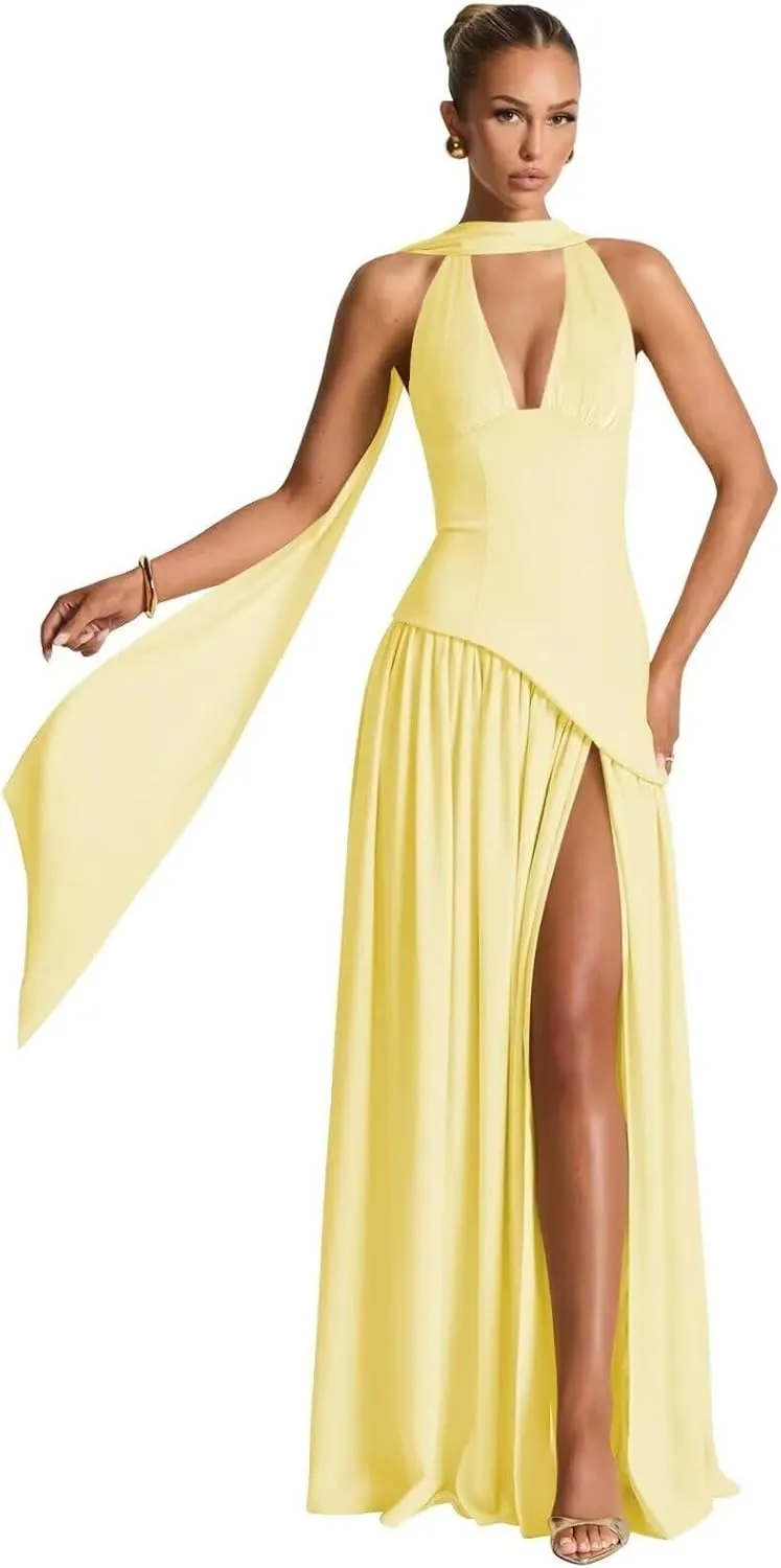 RSOETOO Scarf Bridesmaid Dresses for Women 2025 Satin Long V Neck Drop Waist Maxi Prom Dress RO308