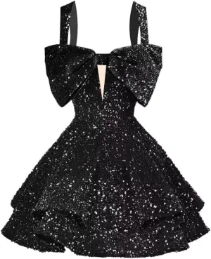 RSOETOO Sparkly Sequin Homecoming Dresses Bow Spaghetti Straps Glitter Mini Prom Dress Short for Teens RO167