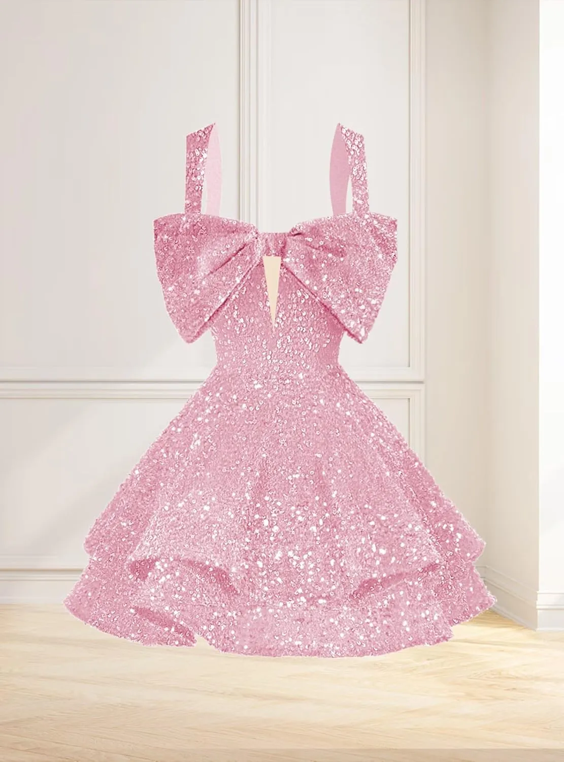 RSOETOO Sparkly Sequin Homecoming Dresses Bow Spaghetti Straps Glitter Mini Prom Dress Short for Teens RO167
