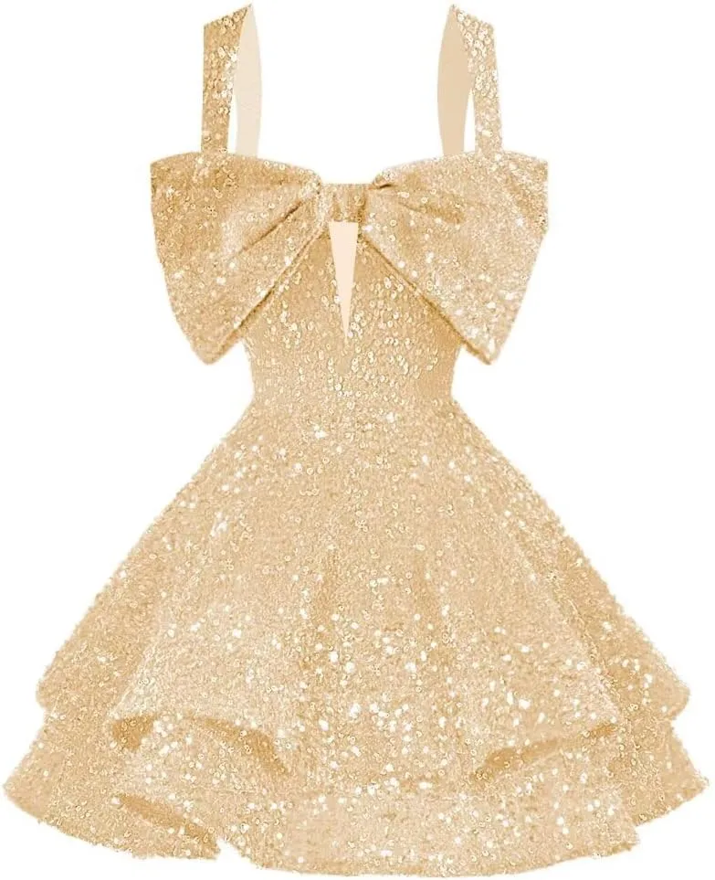 RSOETOO Sparkly Sequin Homecoming Dresses Bow Spaghetti Straps Glitter Mini Prom Dress Short for Teens RO167