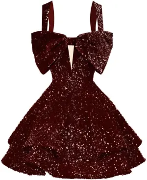 RSOETOO Sparkly Sequin Homecoming Dresses Bow Spaghetti Straps Glitter Mini Prom Dress Short for Teens RO167