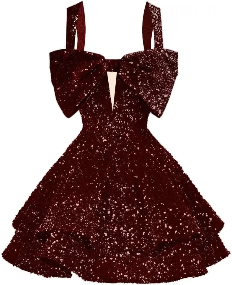RSOETOO Sparkly Sequin Homecoming Dresses Bow Spaghetti Straps Glitter Mini Prom Dress Short for Teens RO167
