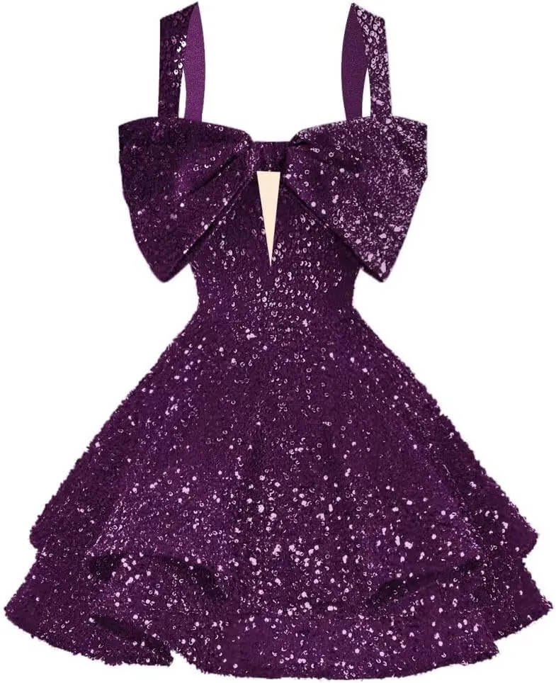 RSOETOO Sparkly Sequin Homecoming Dresses Bow Spaghetti Straps Glitter Mini Prom Dress Short for Teens RO167