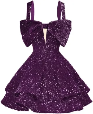RSOETOO Sparkly Sequin Homecoming Dresses Bow Spaghetti Straps Glitter Mini Prom Dress Short for Teens RO167