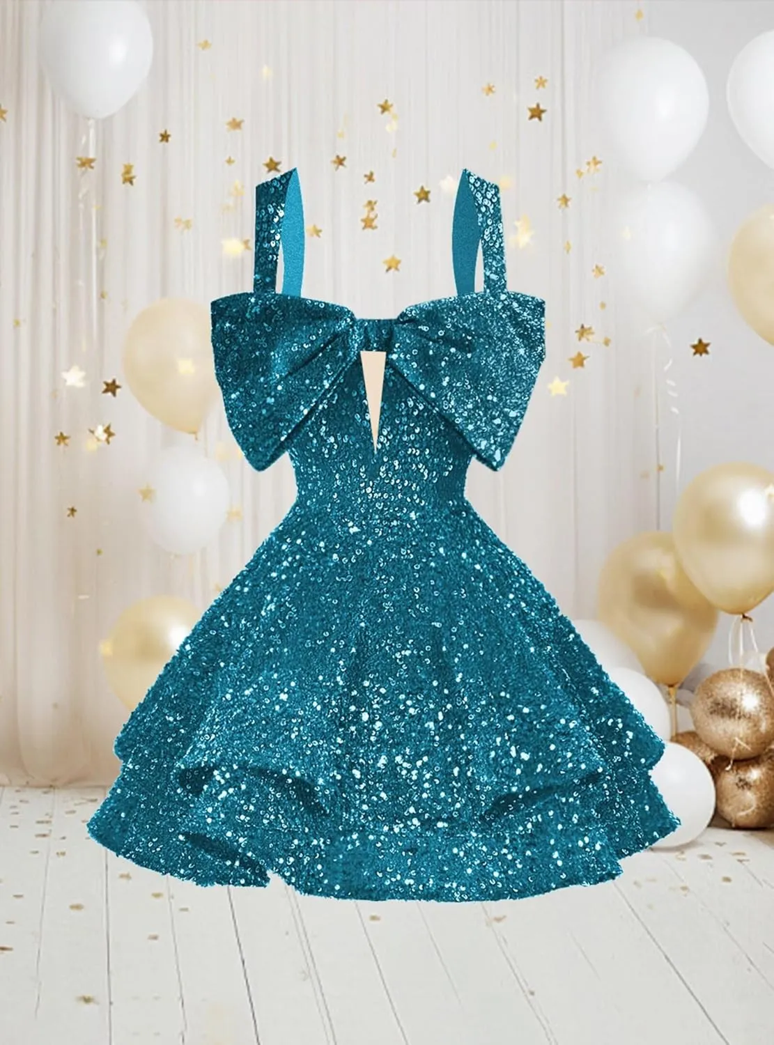 RSOETOO Sparkly Sequin Homecoming Dresses Bow Spaghetti Straps Glitter Mini Prom Dress Short for Teens RO167