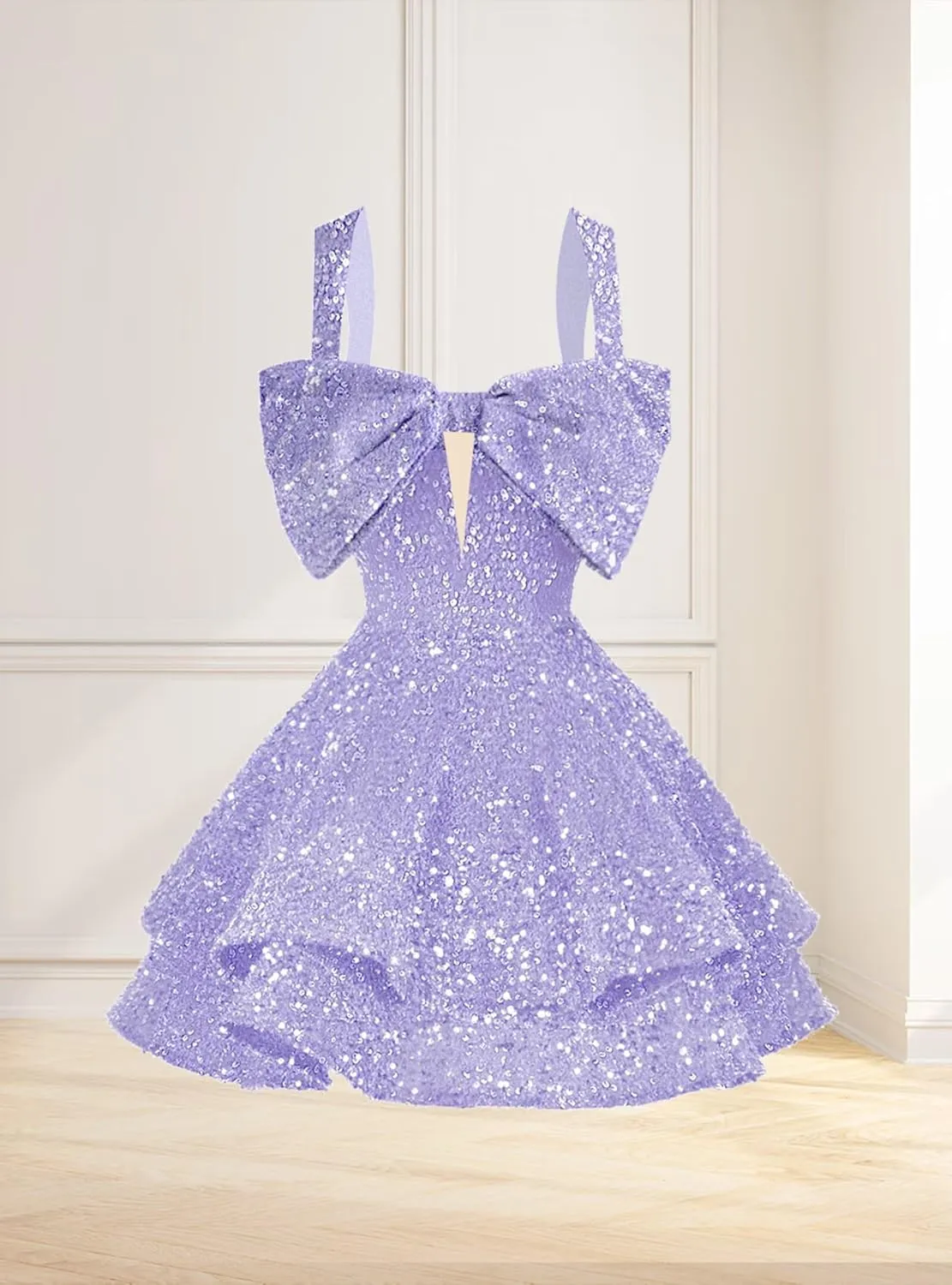 RSOETOO Sparkly Sequin Homecoming Dresses Bow Spaghetti Straps Glitter Mini Prom Dress Short for Teens RO167