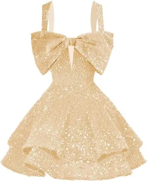 RSOETOO Sparkly Sequin Homecoming Dresses Bow Spaghetti Straps Glitter Mini Prom Dress Short for Teens RO167