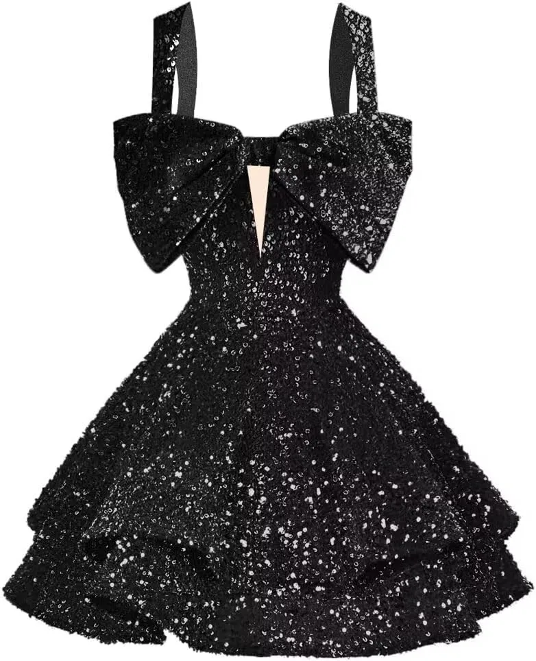 RSOETOO Sparkly Sequin Homecoming Dresses Bow Spaghetti Straps Glitter Mini Prom Dress Short for Teens RO167