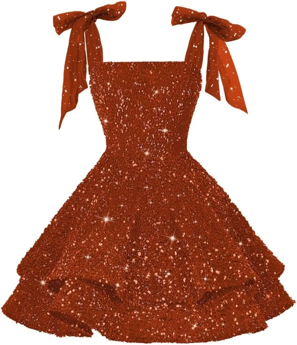 RSOETOO Sparkly Sequin Short Homecoming Dresses 2025 Spaghetti Strap Sequin Prom Dress Bow Cocktail Party Dress RO257