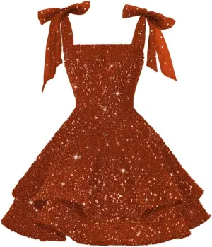 RSOETOO Sparkly Sequin Short Homecoming Dresses 2025 Spaghetti Strap Sequin Prom Dress Bow Cocktail Party Dress RO257