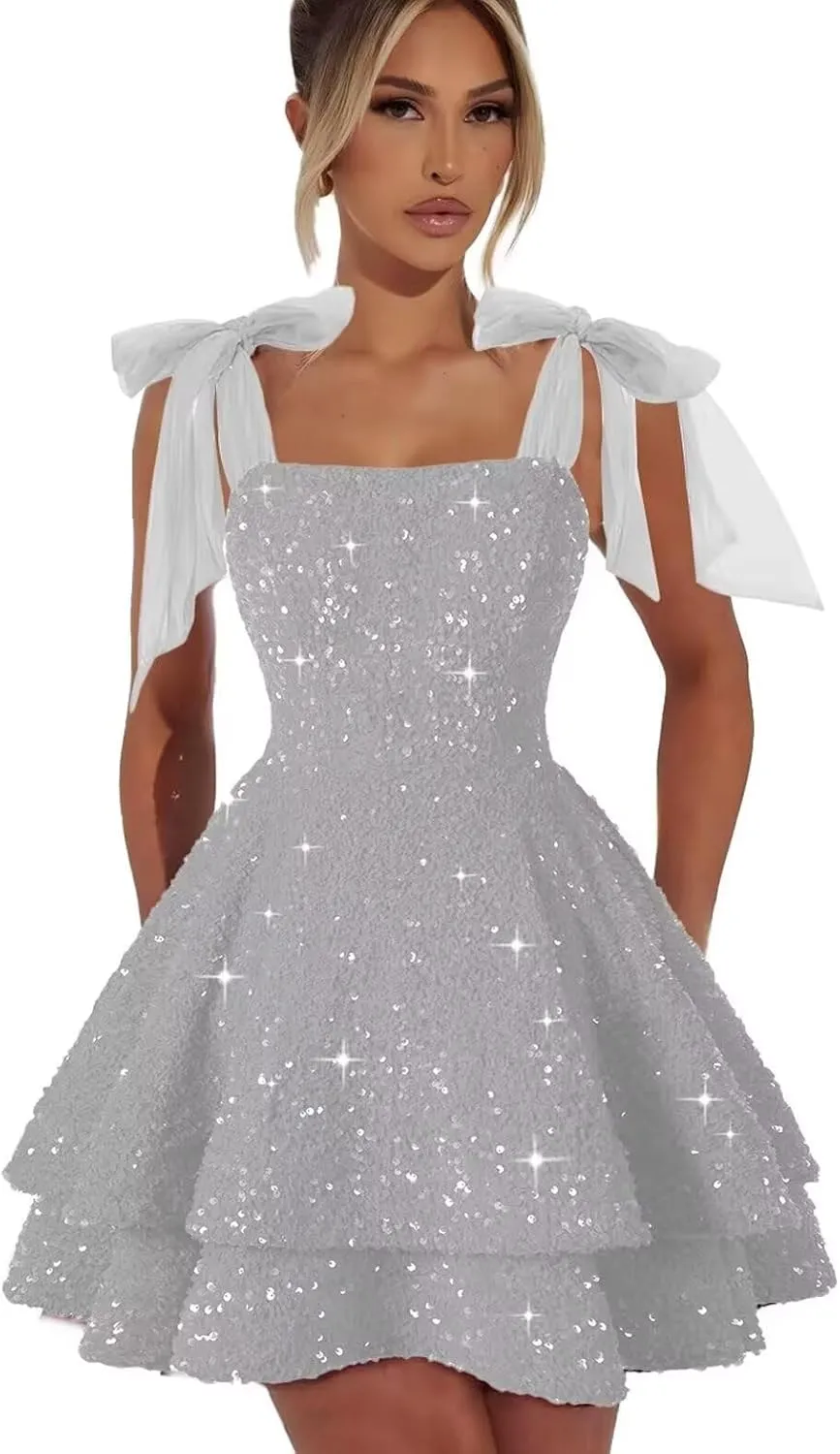 RSOETOO Sparkly Sequin Short Homecoming Dresses 2025 Spaghetti Strap Sequin Prom Dress Bow Cocktail Party Dress RO257
