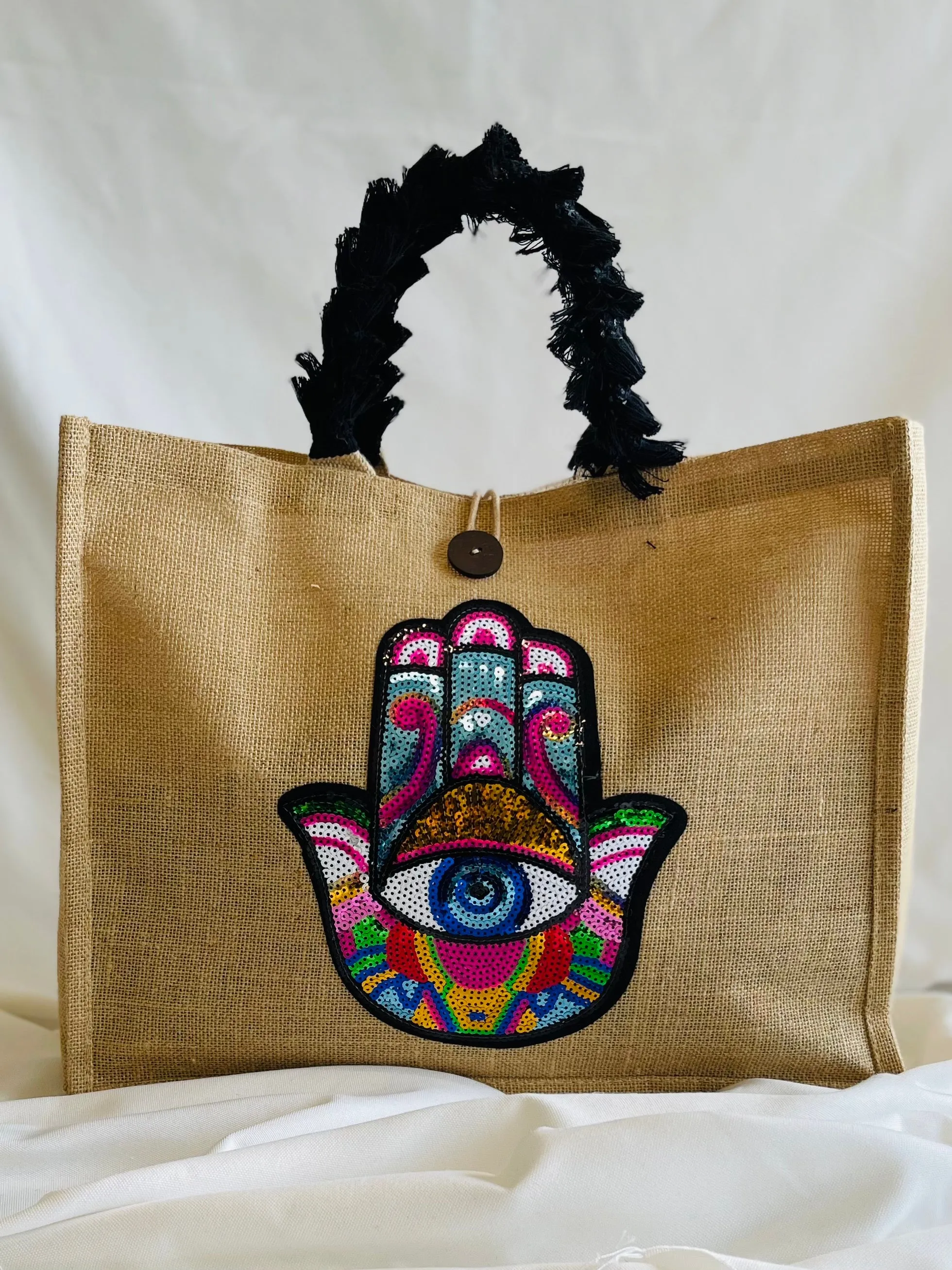 Ruffled Handle Khamsa Jute Bag