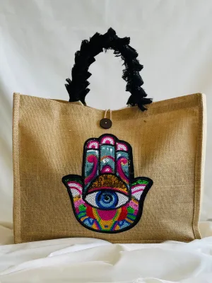 Ruffled Handle Khamsa Jute Bag