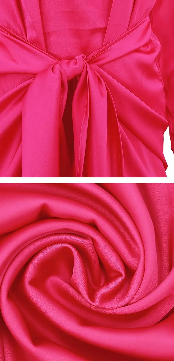 R.Vivimos Women's Satin Dress Long Sleeve Casual Wrap Ruched Tie Waist Party Mini Dress