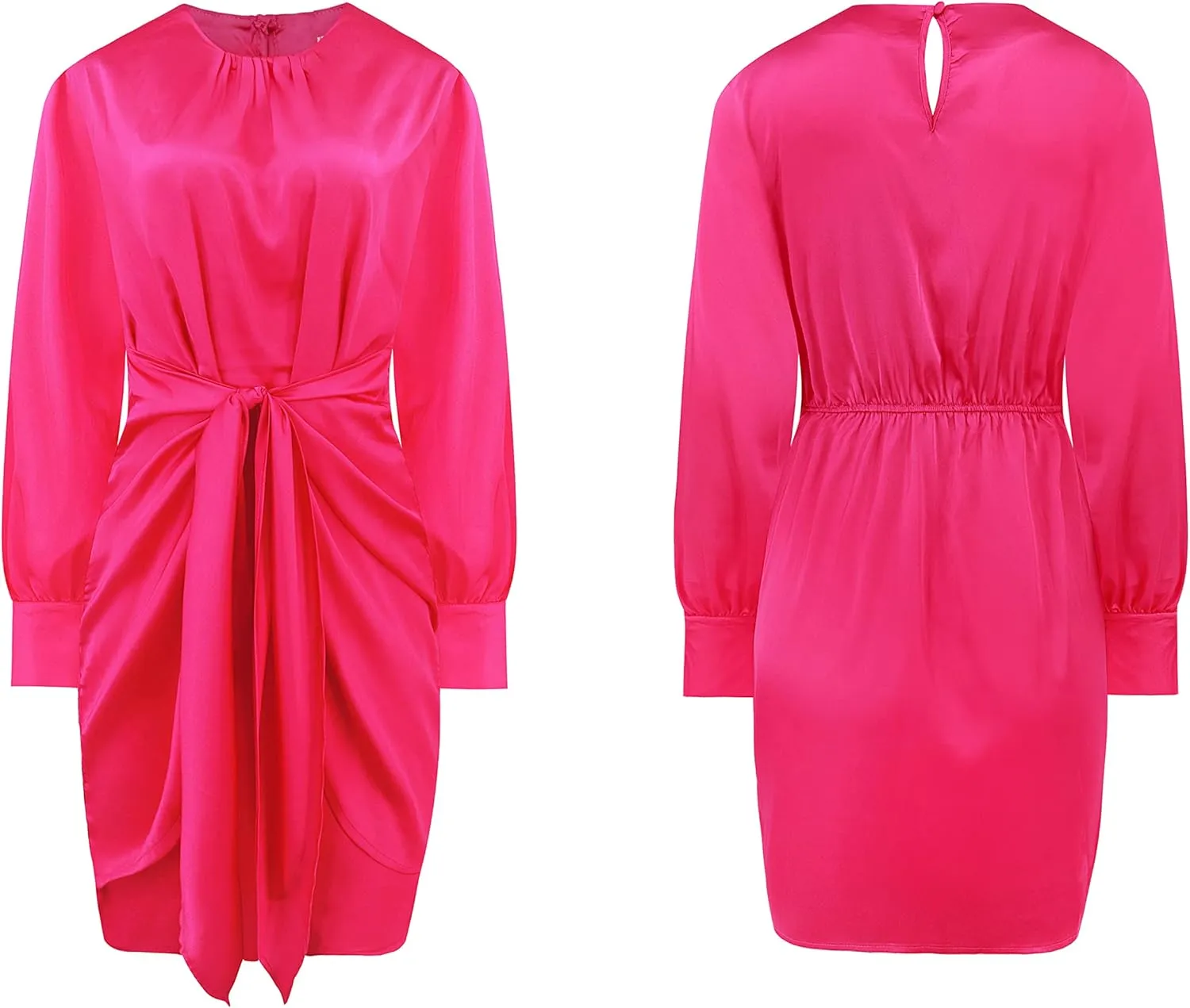 R.Vivimos Women's Satin Dress Long Sleeve Casual Wrap Ruched Tie Waist Party Mini Dress