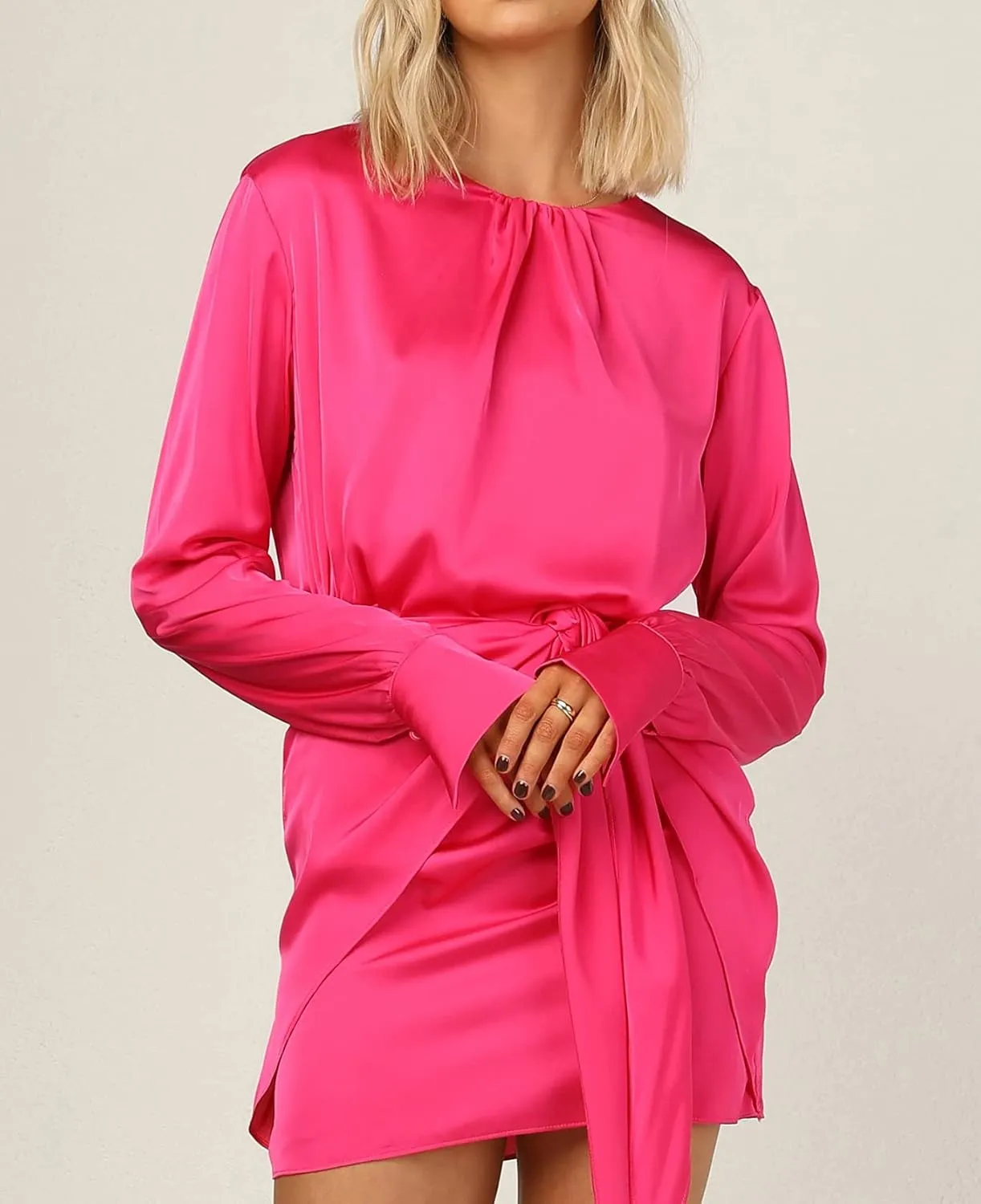 R.Vivimos Women's Satin Dress Long Sleeve Casual Wrap Ruched Tie Waist Party Mini Dress
