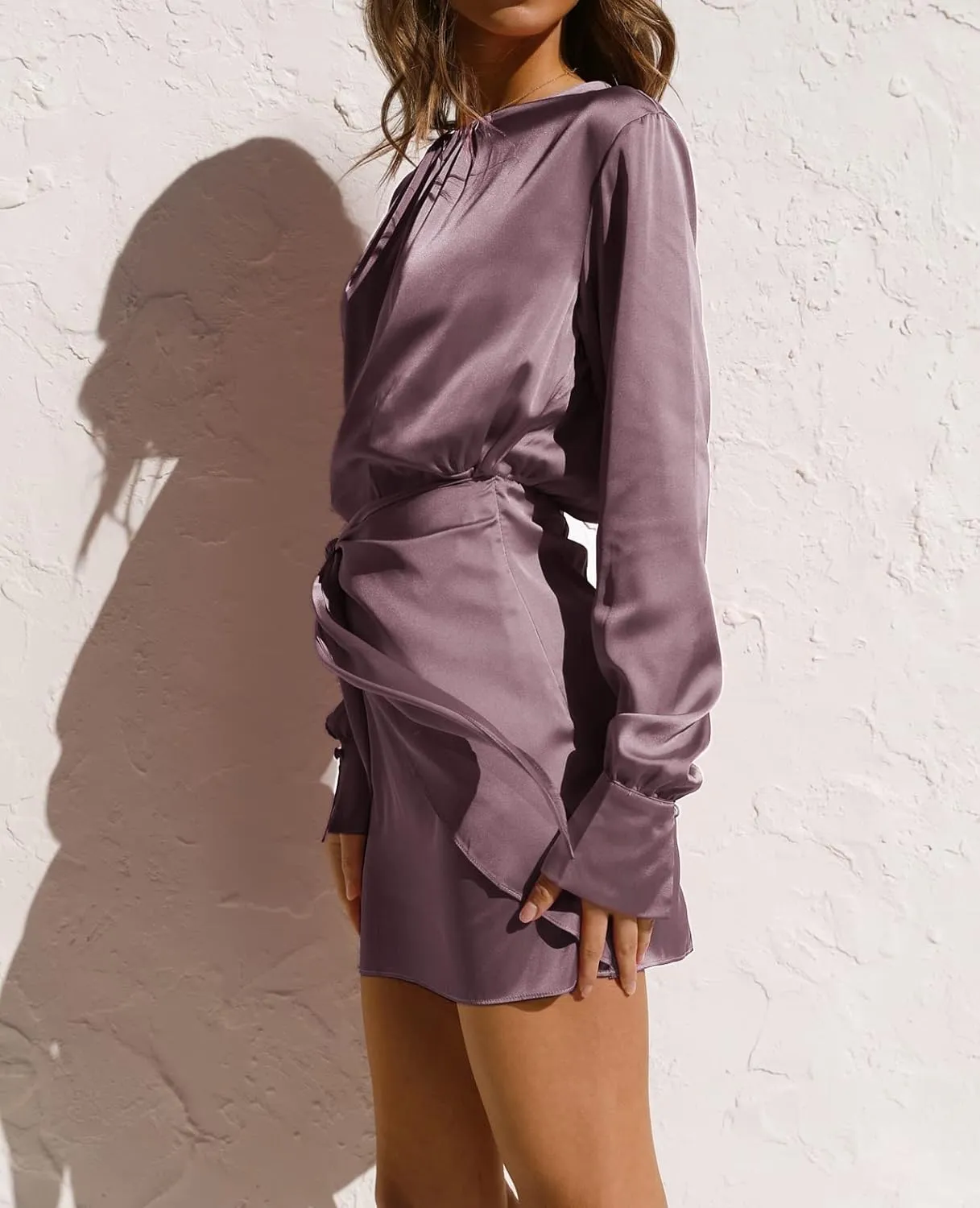 R.Vivimos Women's Satin Dress Long Sleeve Casual Wrap Ruched Tie Waist Party Mini Dress