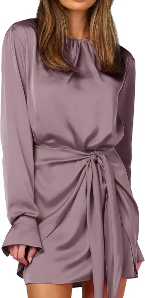 R.Vivimos Women's Satin Dress Long Sleeve Casual Wrap Ruched Tie Waist Party Mini Dress